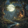 The moon is shining bright on the enchanted forest
