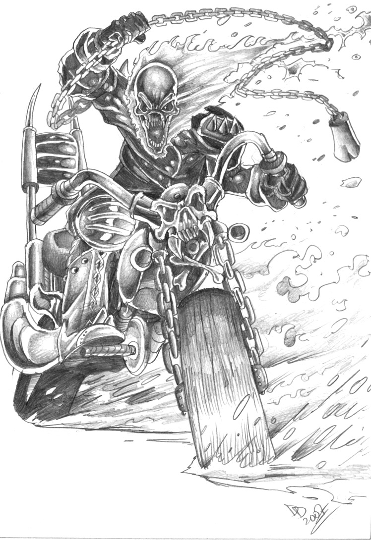 Ghost Rider black and white drawing - Motoqueiro Fantasma preto e