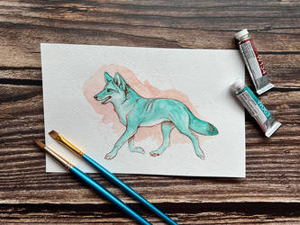 Teal and Peach Trotting Coyote
