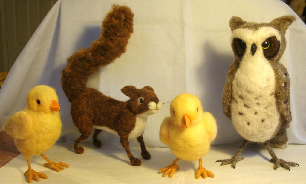 A gang of needle felted critters