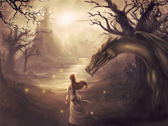 Princess and dragon at a lake