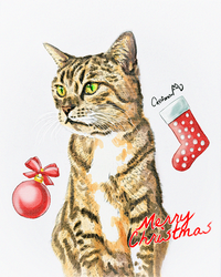 Christmas Watercolor Pet Portrait for a Tabby Cat