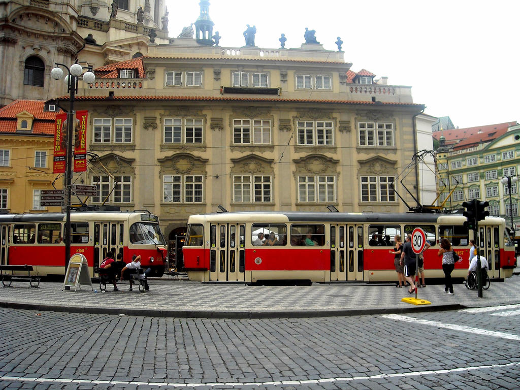 red tram in Prague