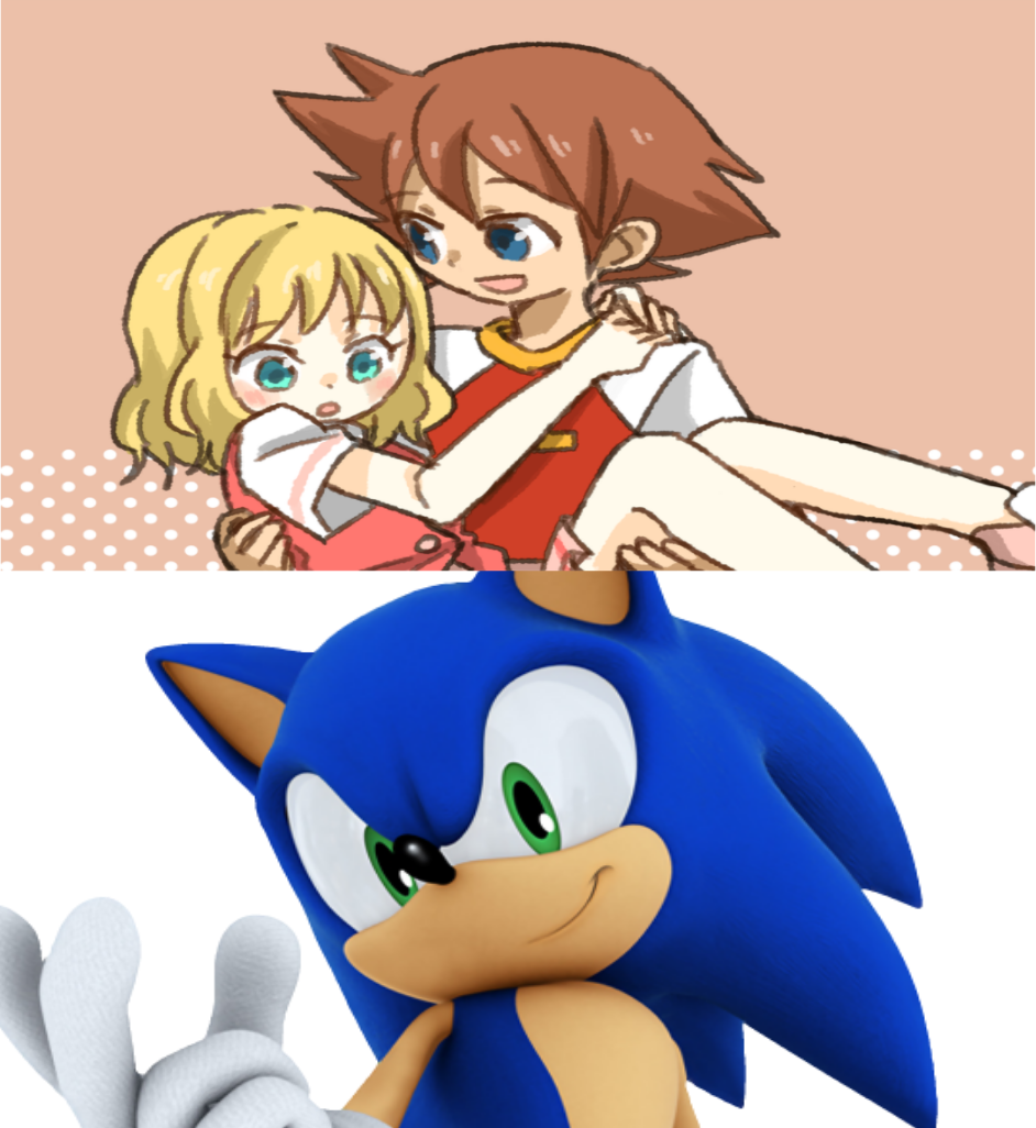 Elise and Chris hugging Sonic, Sonic the Hedgehog