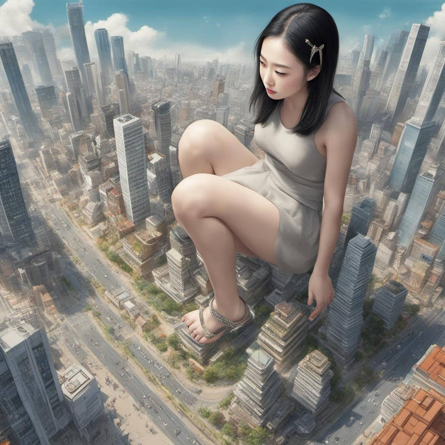 Korean giantess on a tiny city
