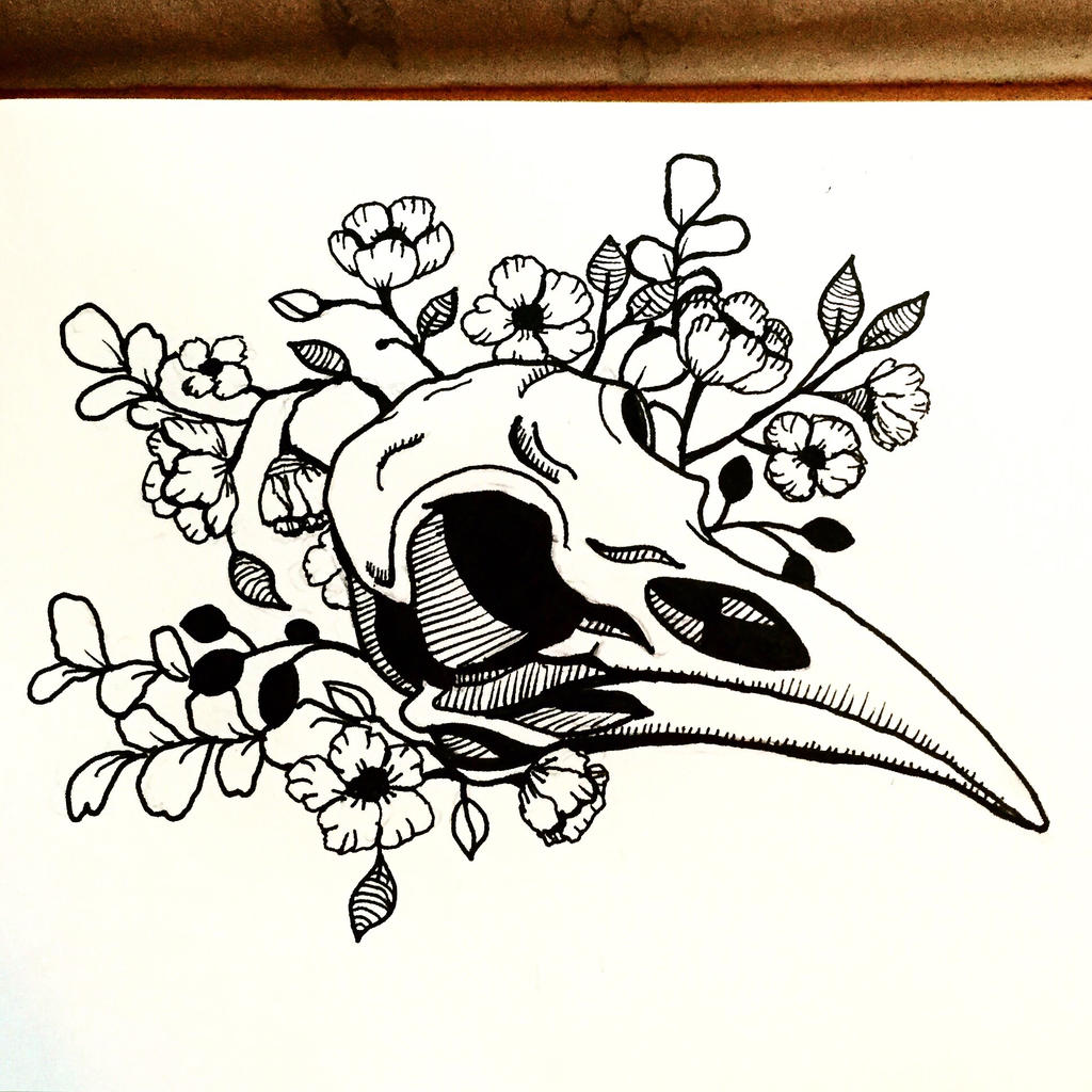 Bird skull with flowers