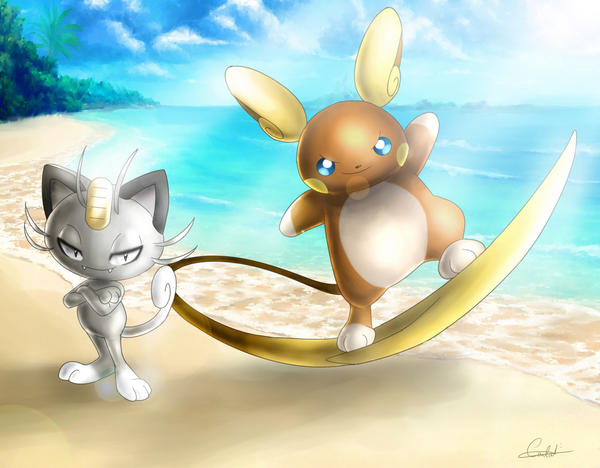 Meowth and Raichu Alola! by MistressAinley