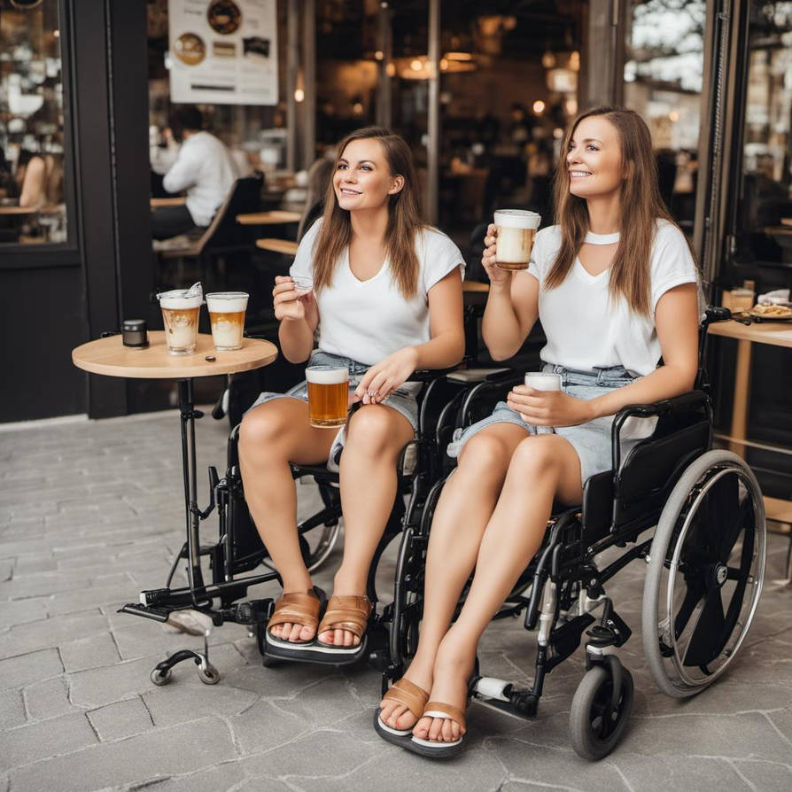 Wheelchair girls in restaurant wear shorts and san