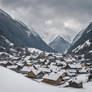Snow covered mountains with village in between