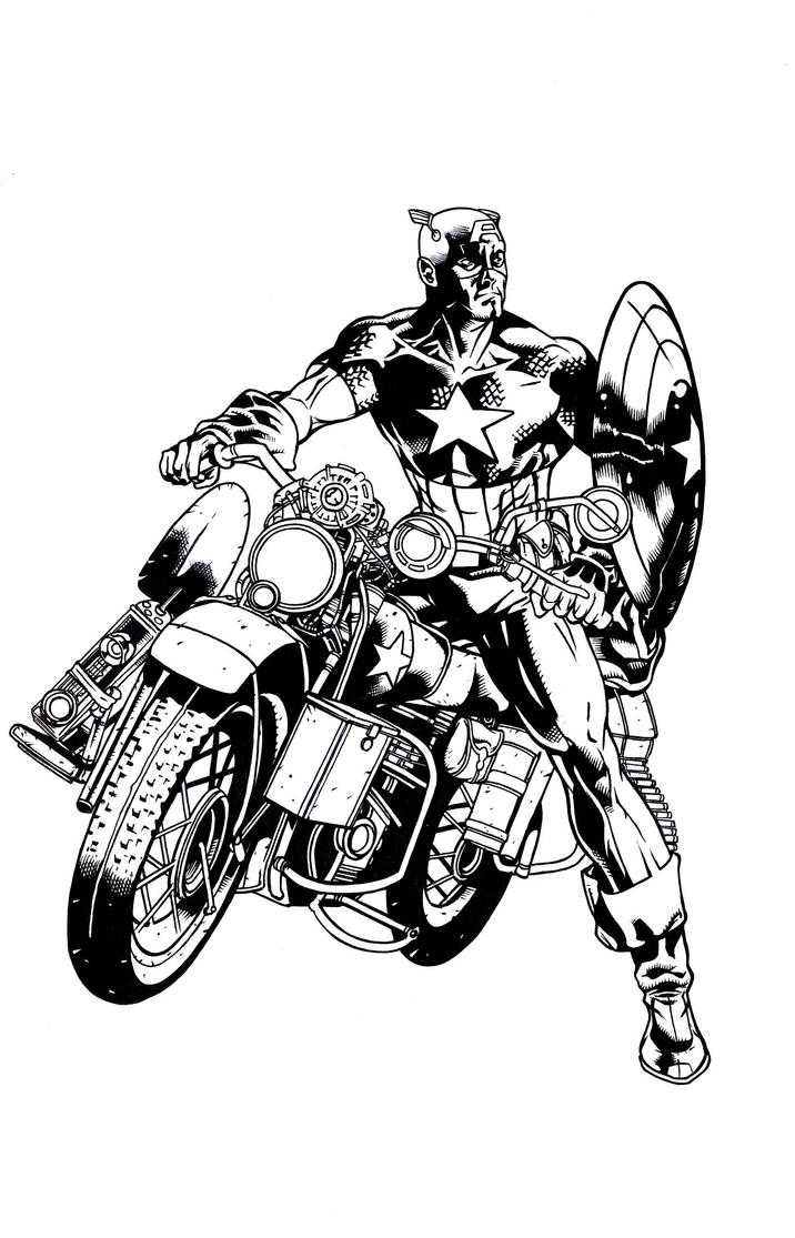 Раскраска Капитан Америка на мотоцикле
