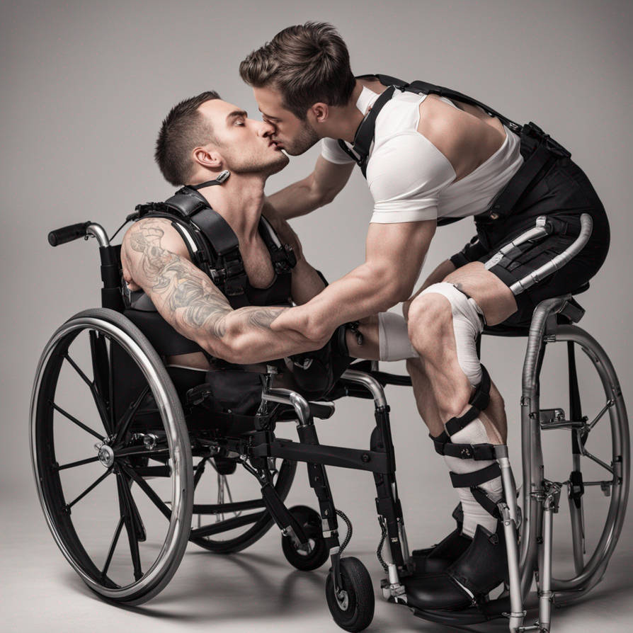 A sexy, handsome, severely crippled gay man sits s