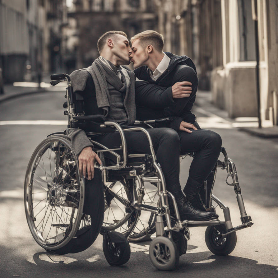 A sexy, handsome, severely crippled gay man sits s