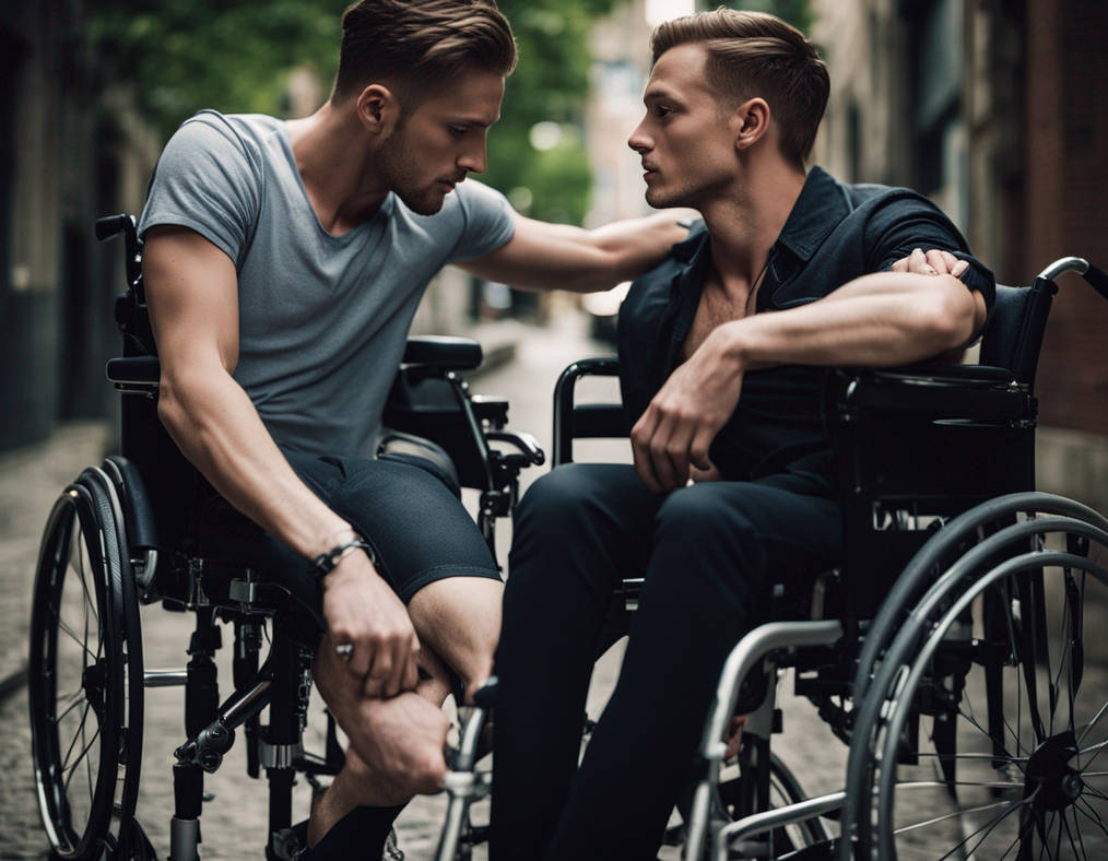 A sexy, handsome, severely crippled gay man sits s