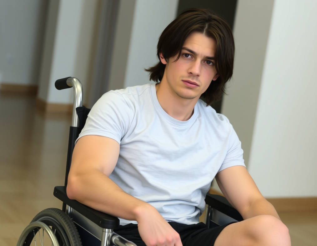 Young paraplegic man sits in a wheelchair