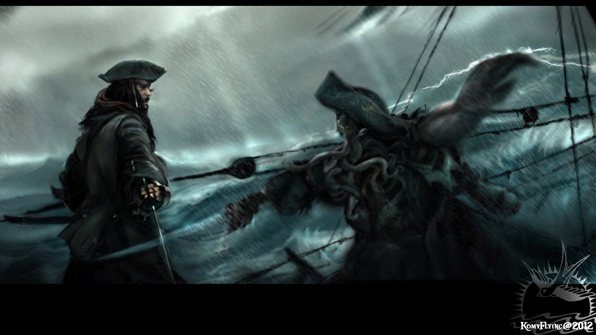 Jack Sparrow fighting Davy Jones by KomyFlyinc@