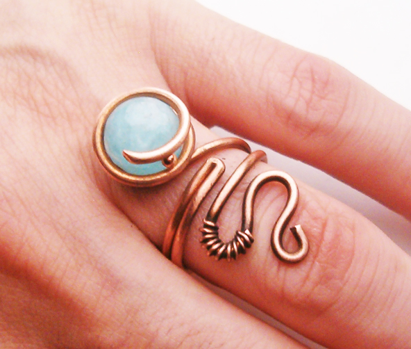 Steampunk Adjustable Ring Copper and Azure Agate