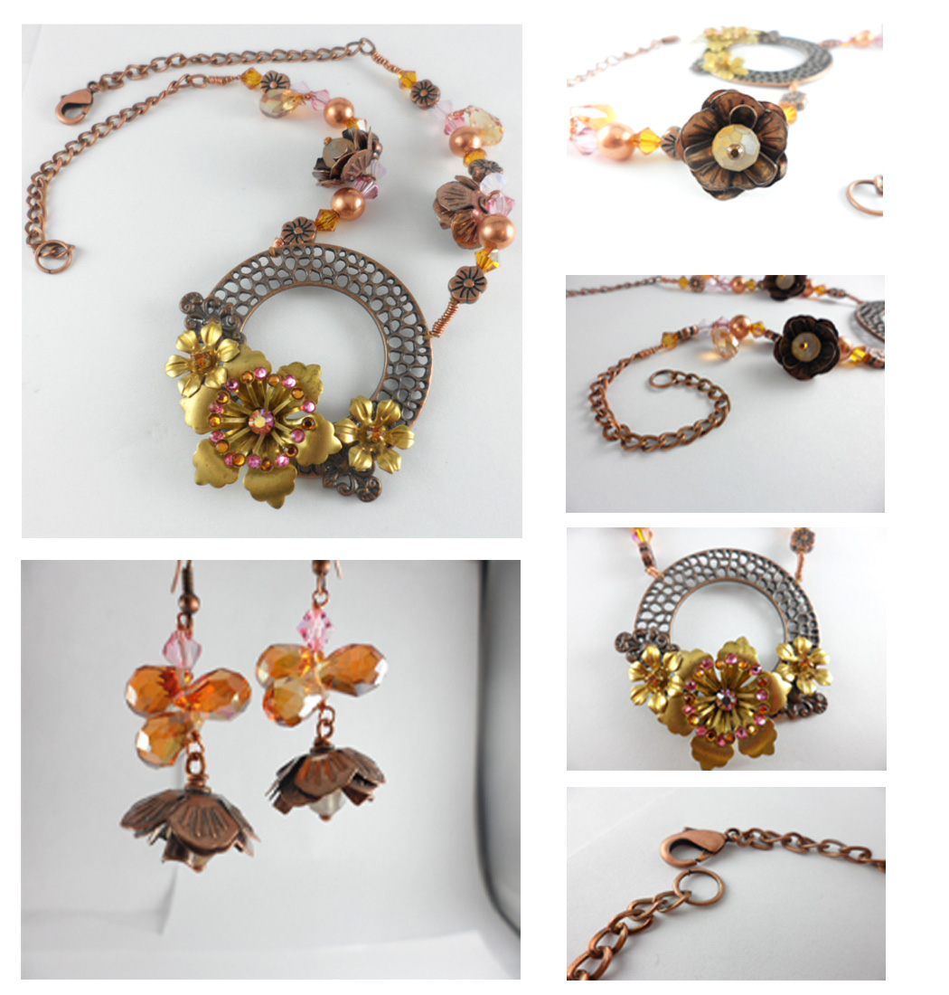 Vintage Copper Crystal Flower Necklace