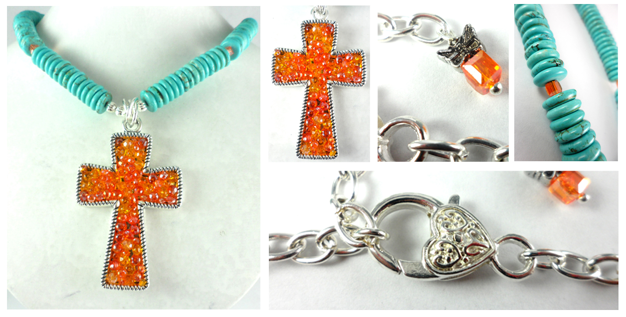 Silver Web Jasper Orange Crystal Cross Necklace