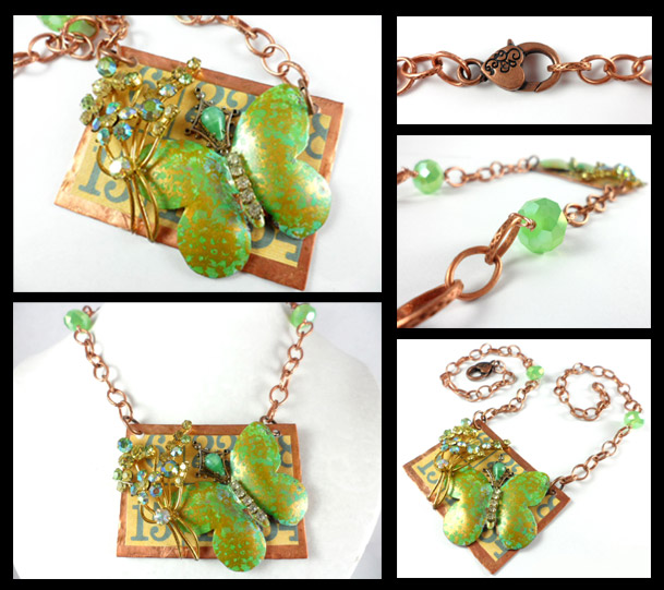 Copper Green Butterfly Vintage Flower Necklace