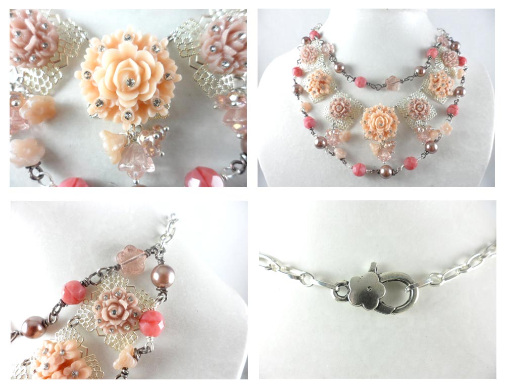 Vintage Silver Pink Brown Pearl Flower Necklace