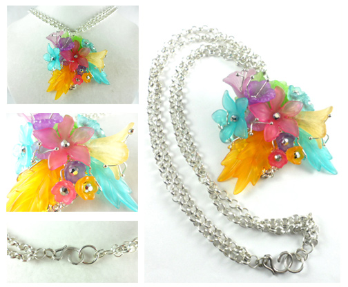 Silver Plated Spring Flowers and Leaves Necklace