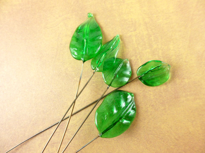 Bottle Green Lampwork Leaf Headpins Set SRA