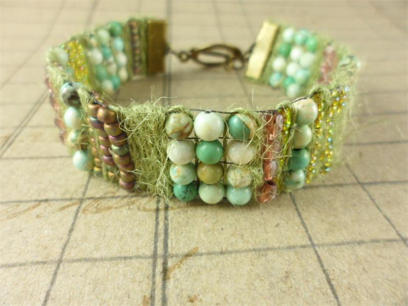 Earthy Green Fiber Beaded Woven Brass Bracelet