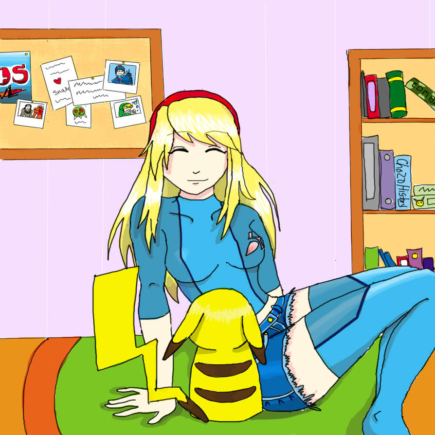 Samus and Pikachu relaxing at home