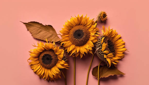 Sunflowers on a pink background Copy space Top vie