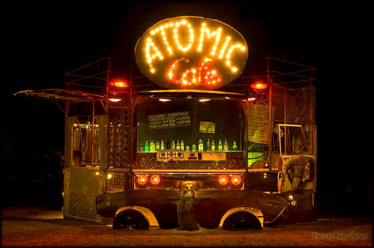 Night view of the Atomic Cafe