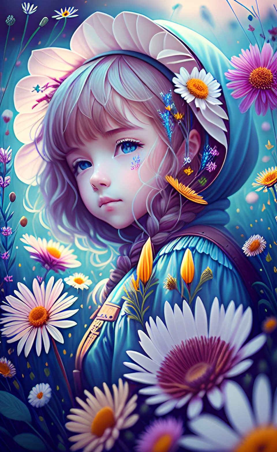 Cute Cartoon Girl on the meadow with flowers