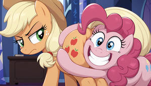 Pinkie hugging Applejack's butt