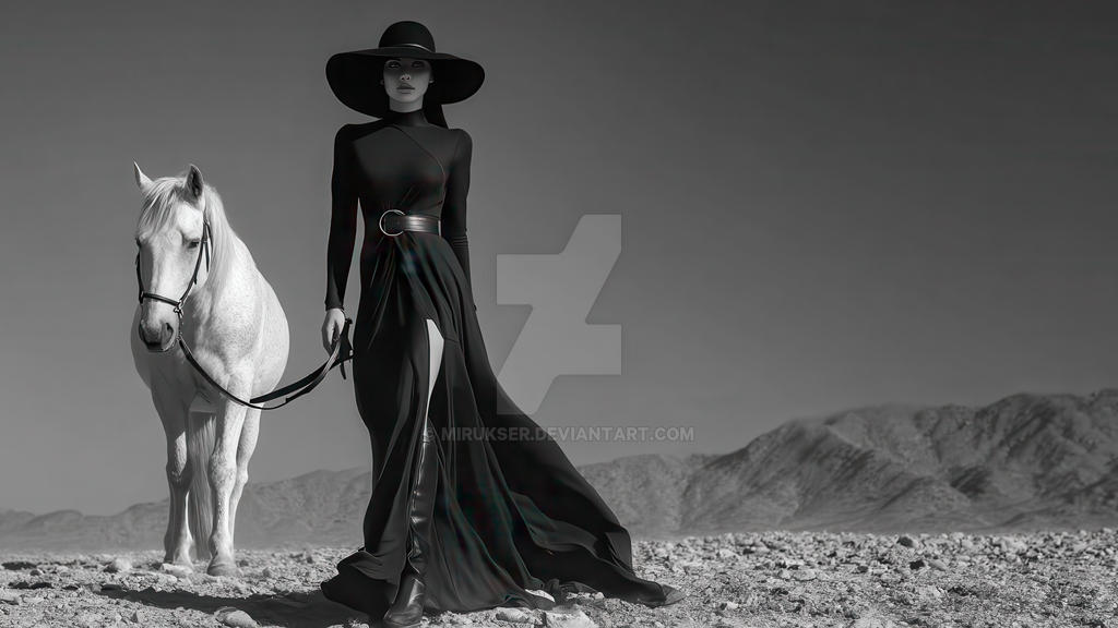 Full-length stunning model in long black dress wit