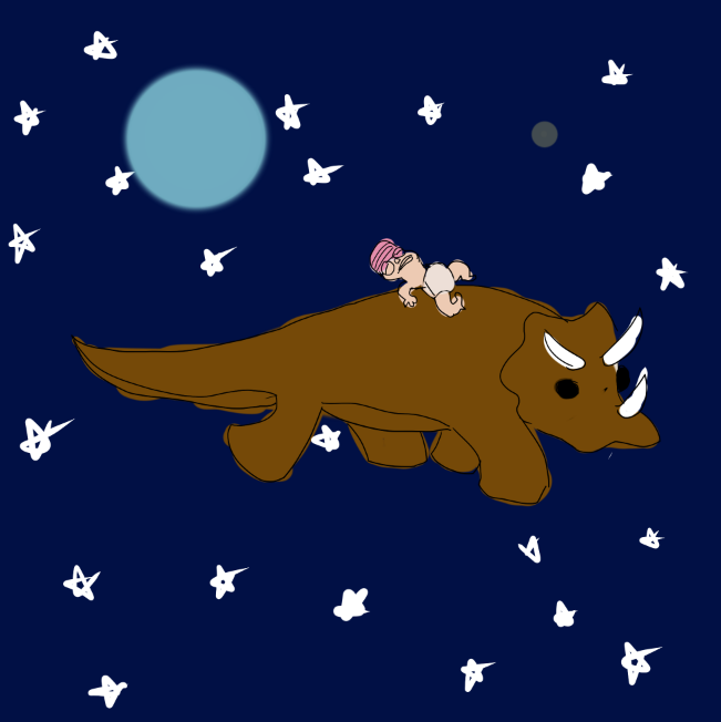 zombaby in space on a dinosaur