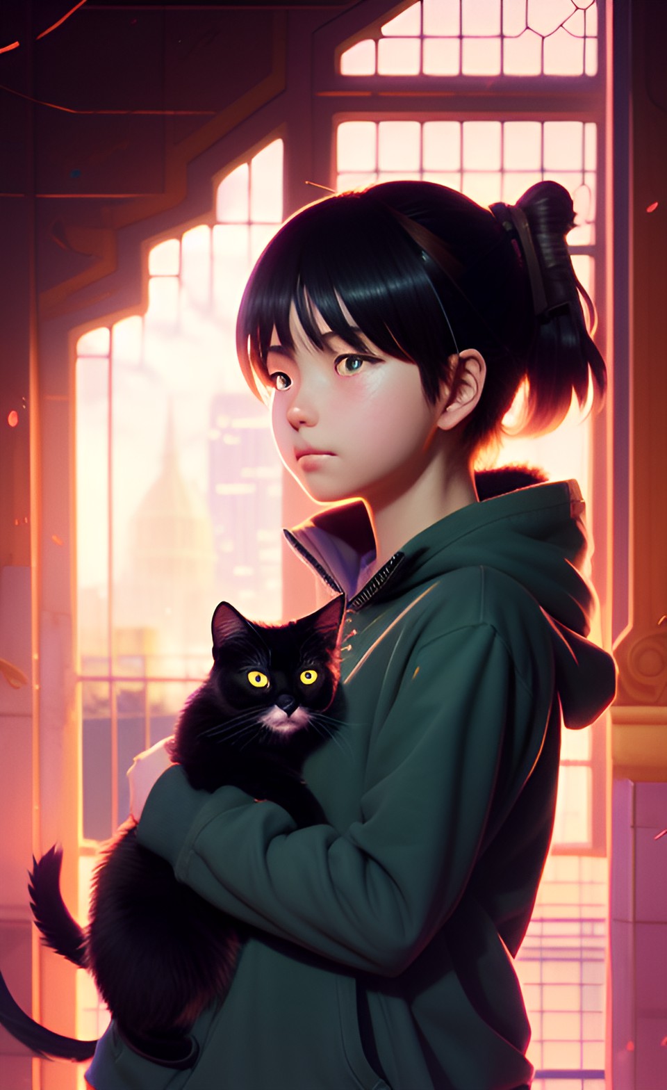 Premium Photo  Anime girl with cat ears and hoodie in a city