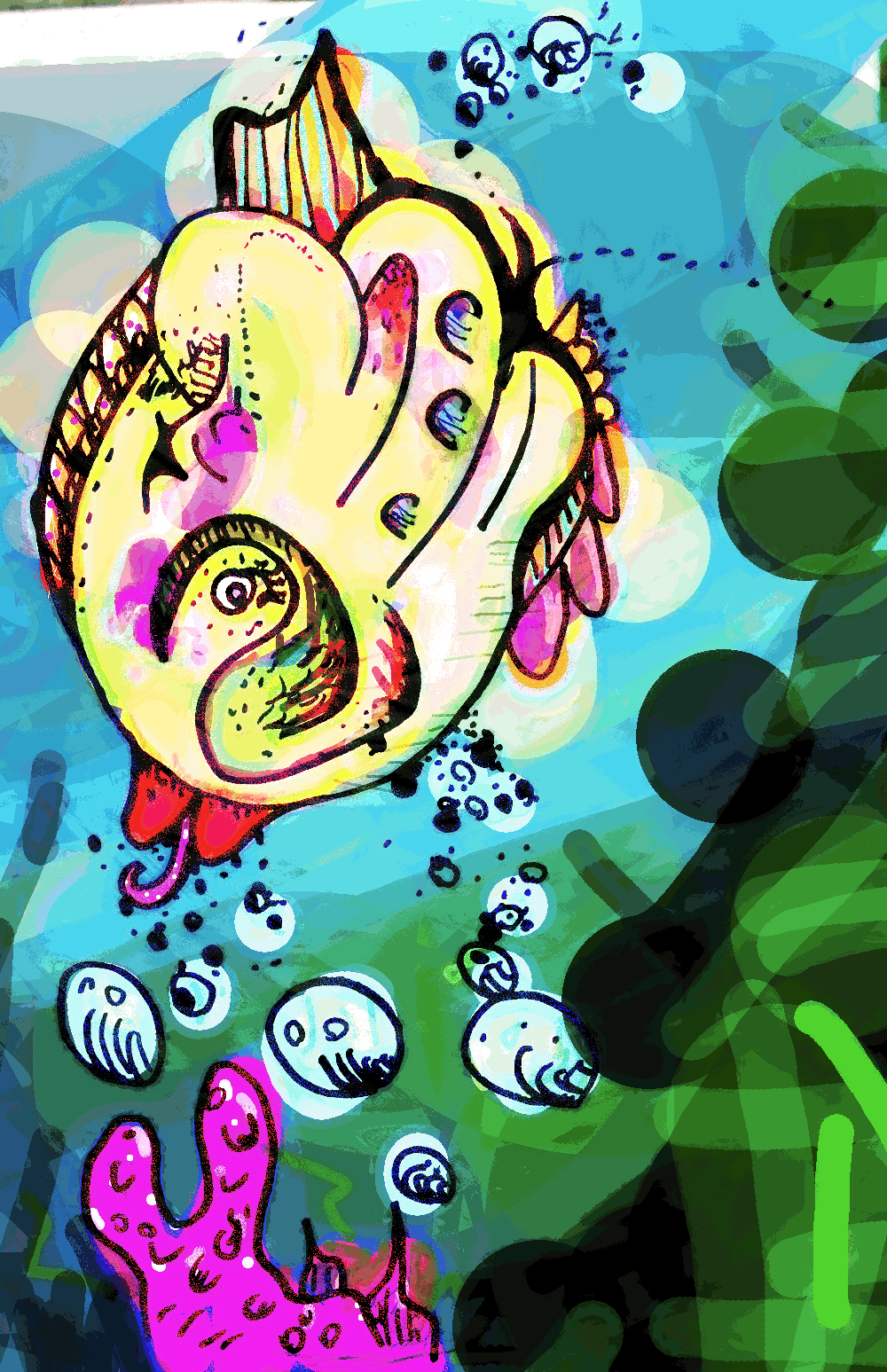 A stylized GIF of a fish with a mischievous expression, created by an artist on DeviantArt