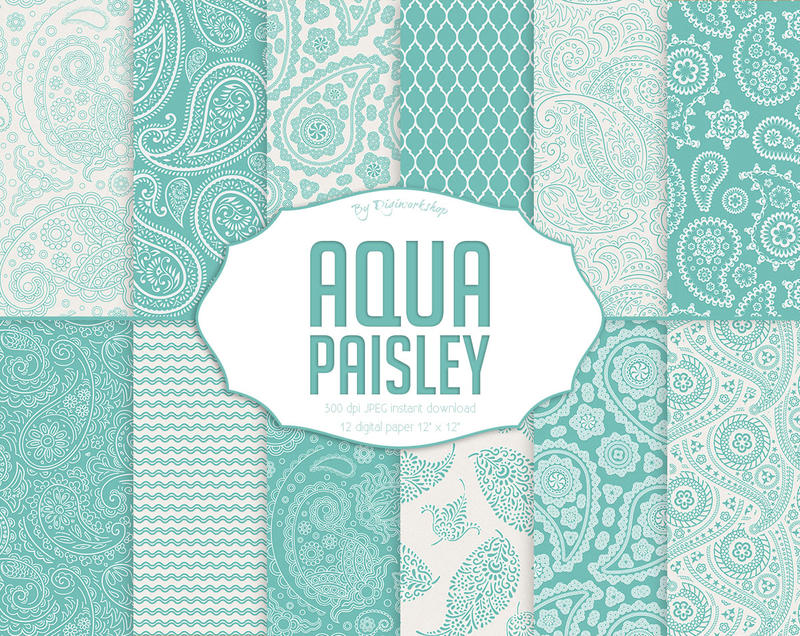 Aqua Paisley Digital Paper 