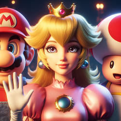 Princess Peach, Super Mario and Toad saying hello