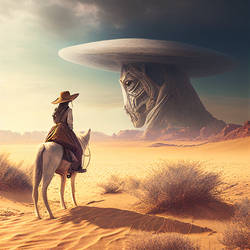 A women in desert with her horse looking an ufo