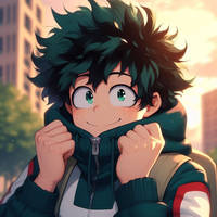 Izuku Midoriya wearing a hoodie 