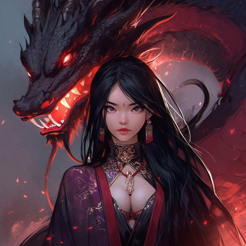 anime character with dragon head and red and black hair