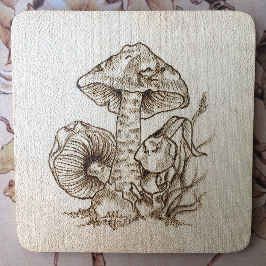 Pyrography Coaster - Mushrooms by AnniesPyroArt on DeviantArt