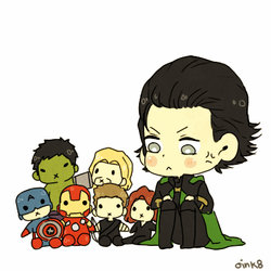 Loki with Avengers plushies