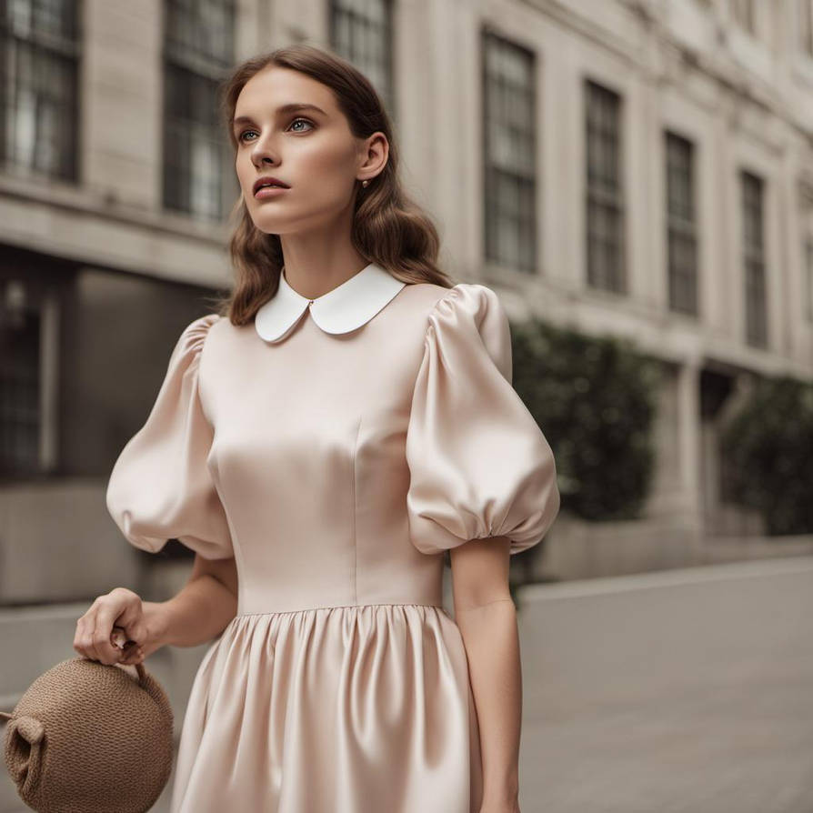 Woman wearing a peter pan collar silk puffy sleev