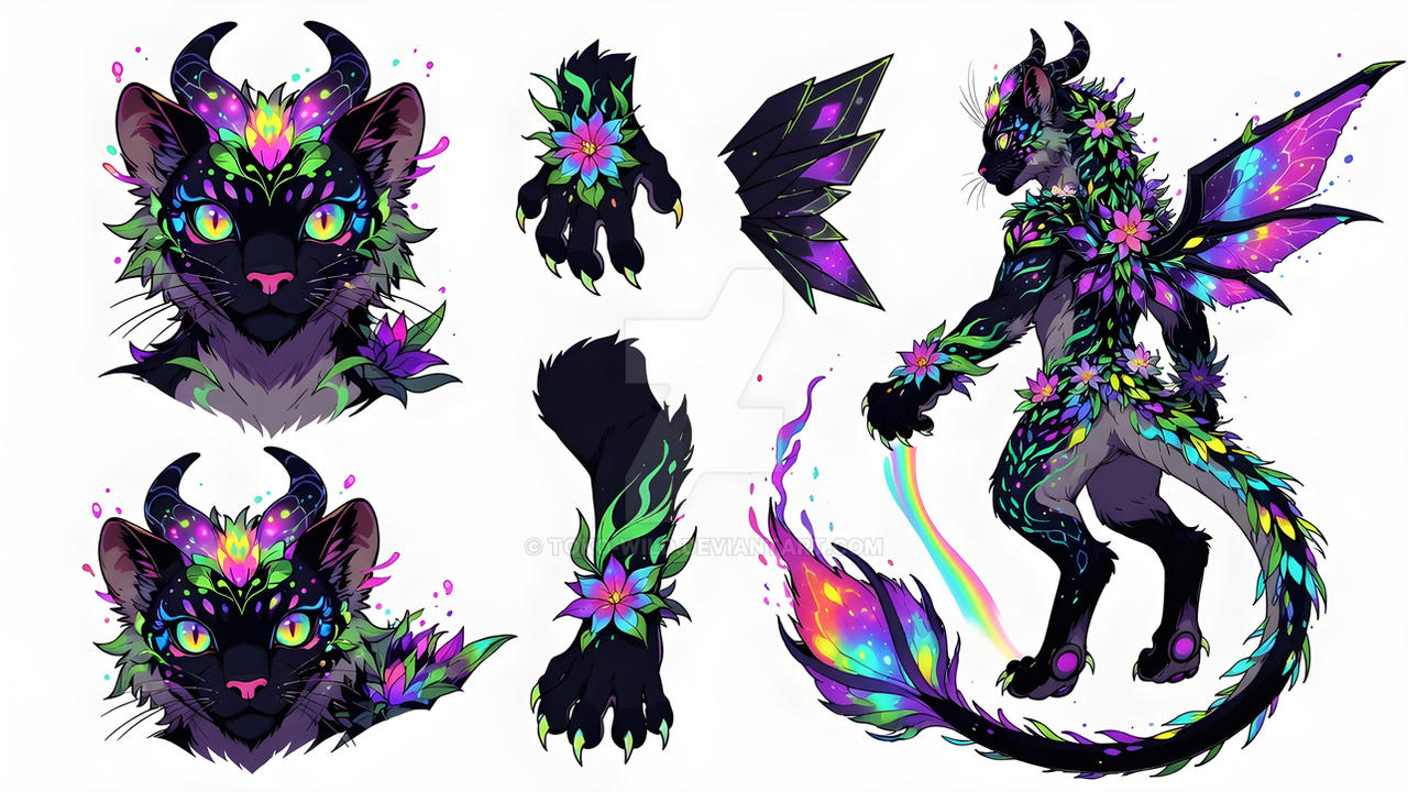 Neon Floral Dragon Cat Fantasy Character