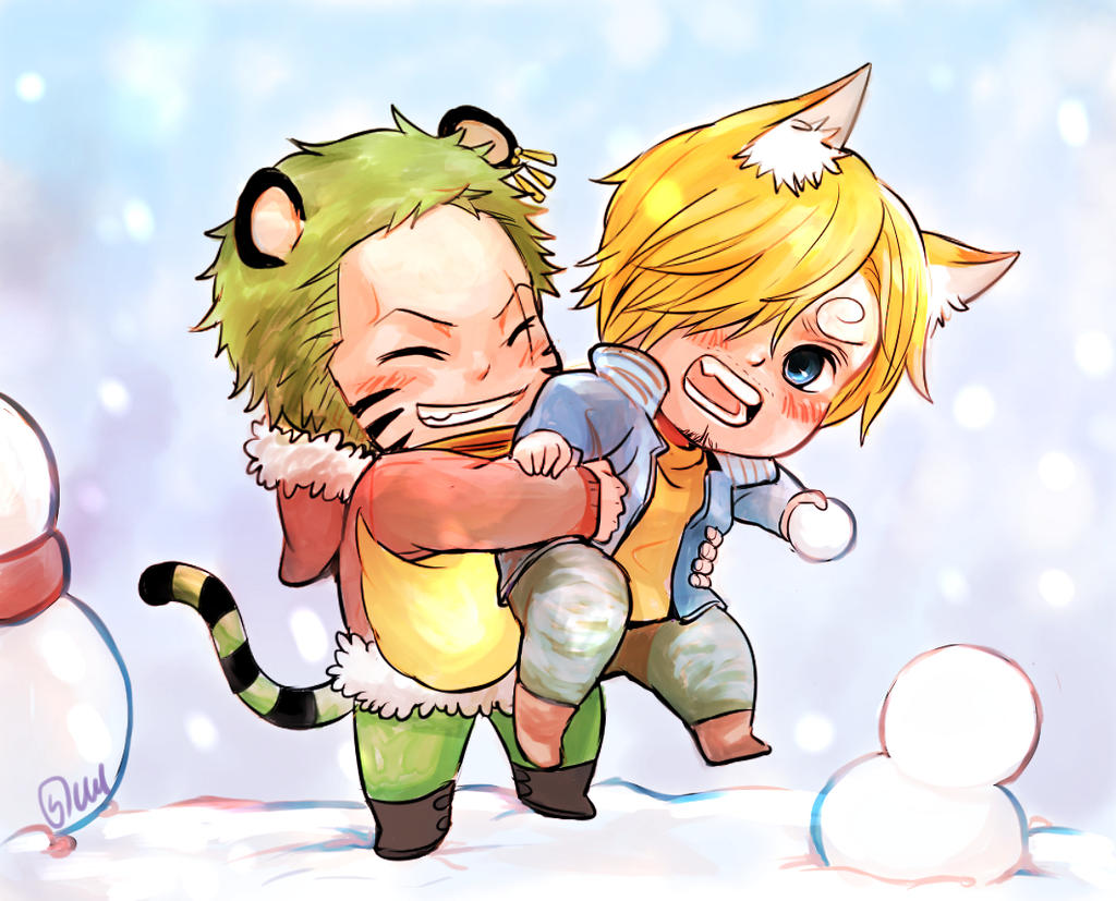 Tiger Zoro Fox Sanji playing with snow