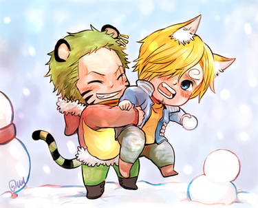 Tiger Zoro Fox Sanji playing with snow