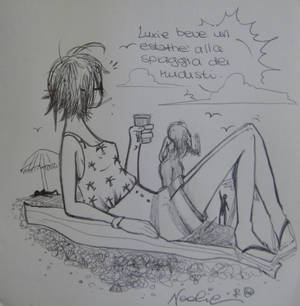 Luxie beve un estathe alla spiaggia di nudisti