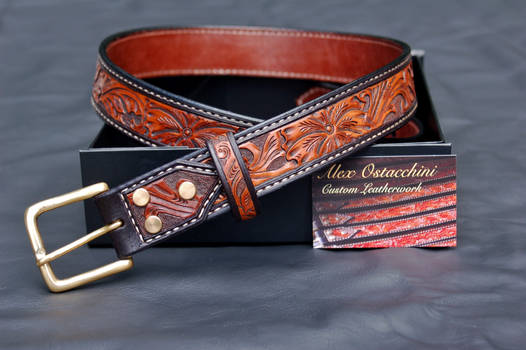 Tooled Western Leather Belt- Tan Brown Sheridan