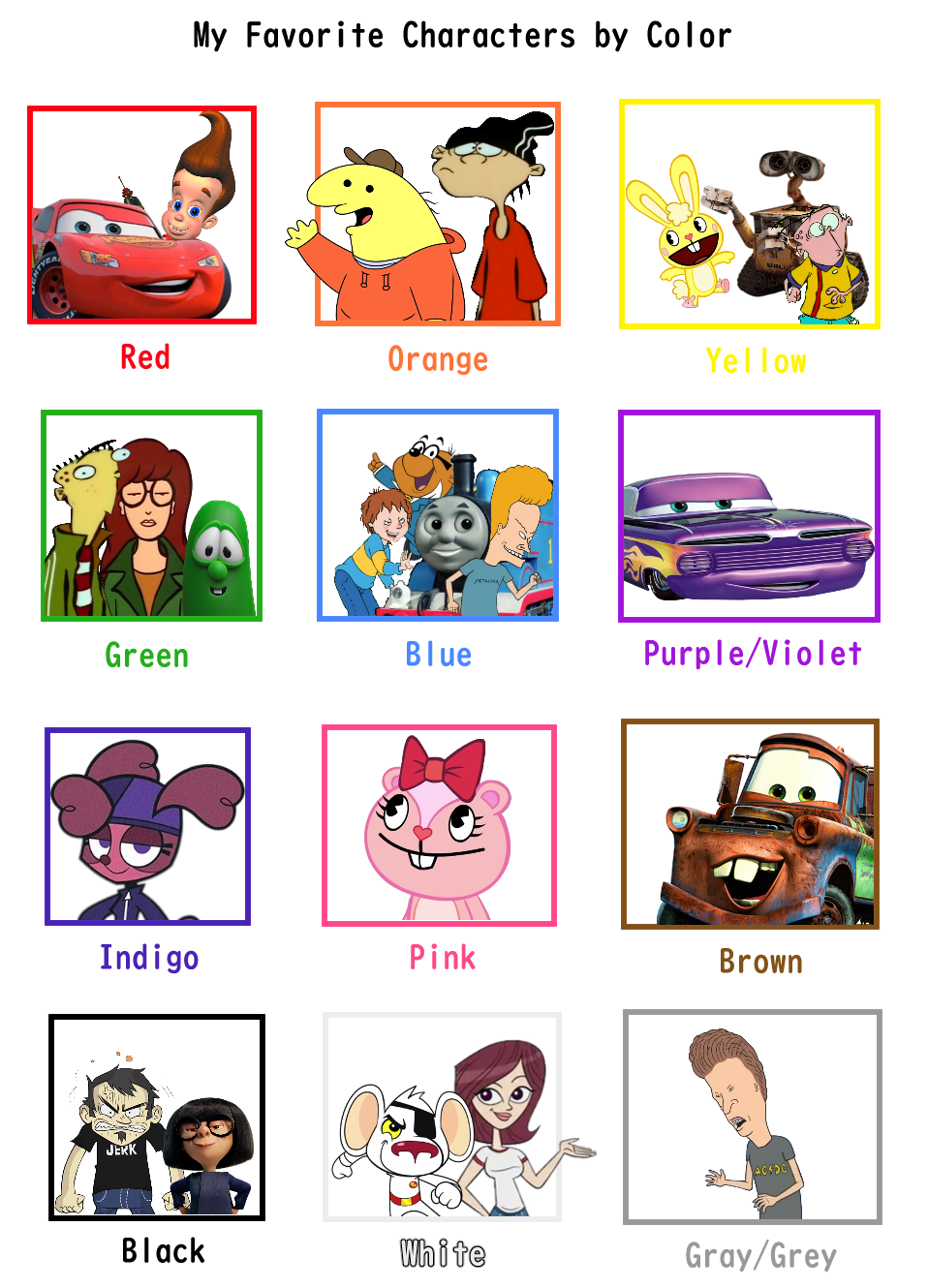 Characters Each Color Maddox's Favorite Characters by Color by MaddoxTheDangerAgent on DeviantArt
